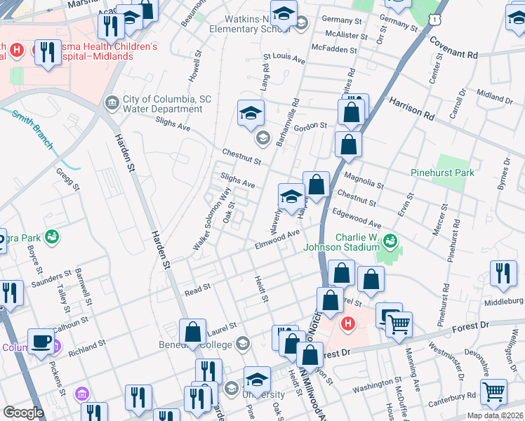 map of restaurants, bars, coffee shops, grocery stores, and more near 2119 Waverly Street in Columbia