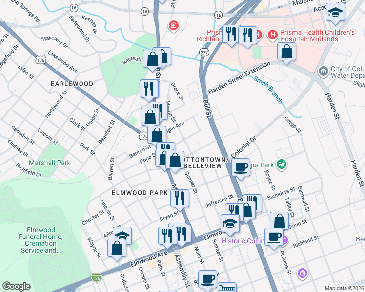 map of restaurants, bars, coffee shops, grocery stores, and more near 1300 Summerville Avenue in Columbia