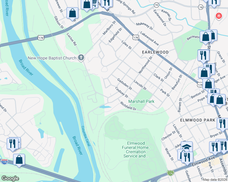map of restaurants, bars, coffee shops, grocery stores, and more near 523 Lucius Road in Columbia