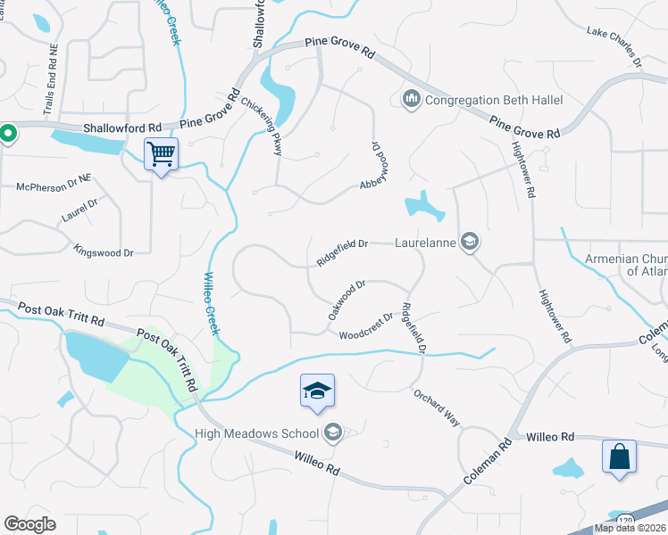 map of restaurants, bars, coffee shops, grocery stores, and more near 1570 Oakwood Drive in Roswell
