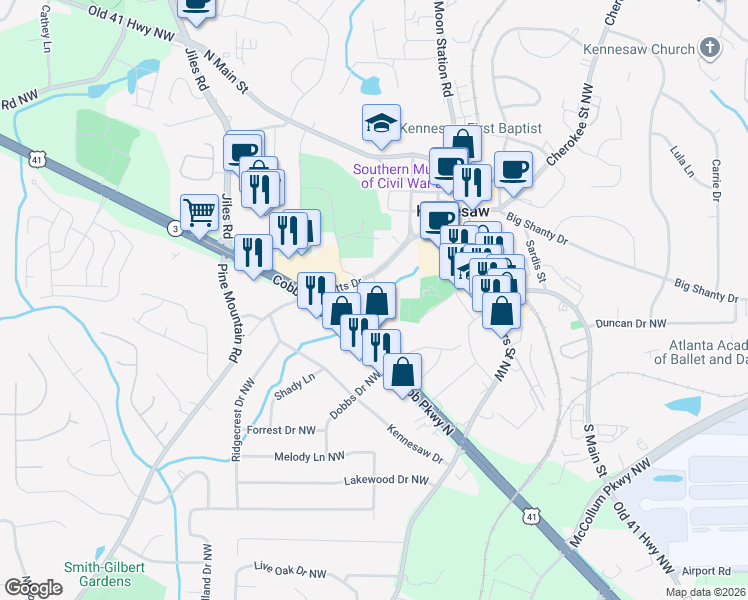 map of restaurants, bars, coffee shops, grocery stores, and more near 2420 Powell Place Northwest in Kennesaw