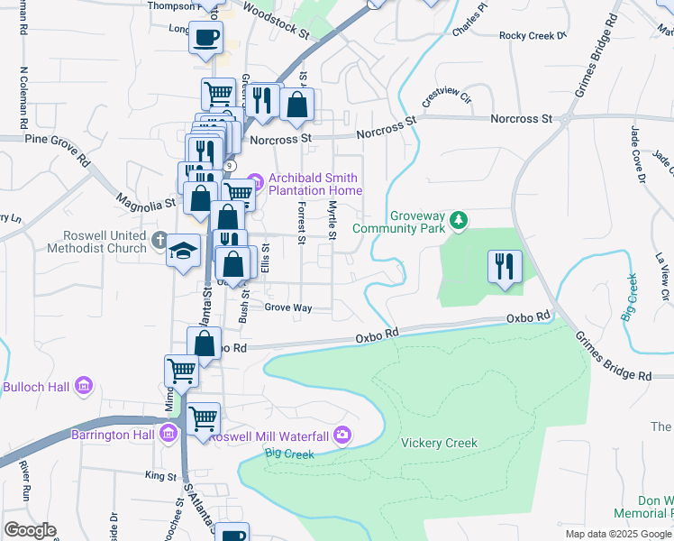 map of restaurants, bars, coffee shops, grocery stores, and more near 785 Myrtle Street in Roswell