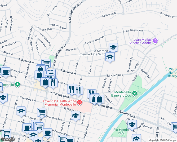 map of restaurants, bars, coffee shops, grocery stores, and more near 712 North 2nd Street in Montebello