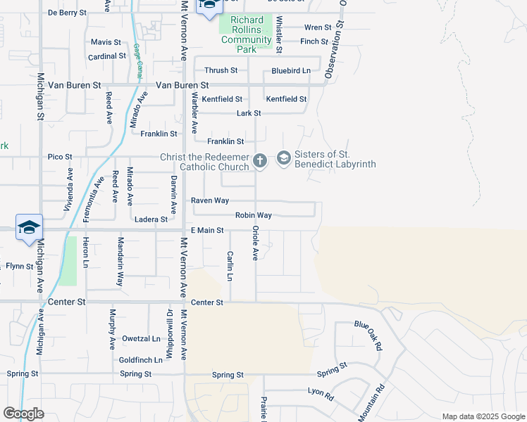 map of restaurants, bars, coffee shops, grocery stores, and more near 22710 Robin Way in Grand Terrace