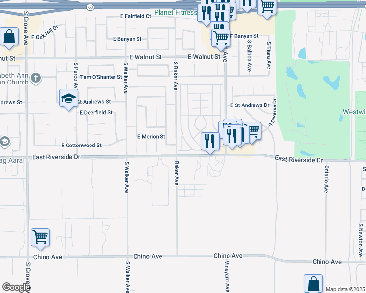 map of restaurants, bars, coffee shops, grocery stores, and more near 1855 East Riverside Drive in Ontario