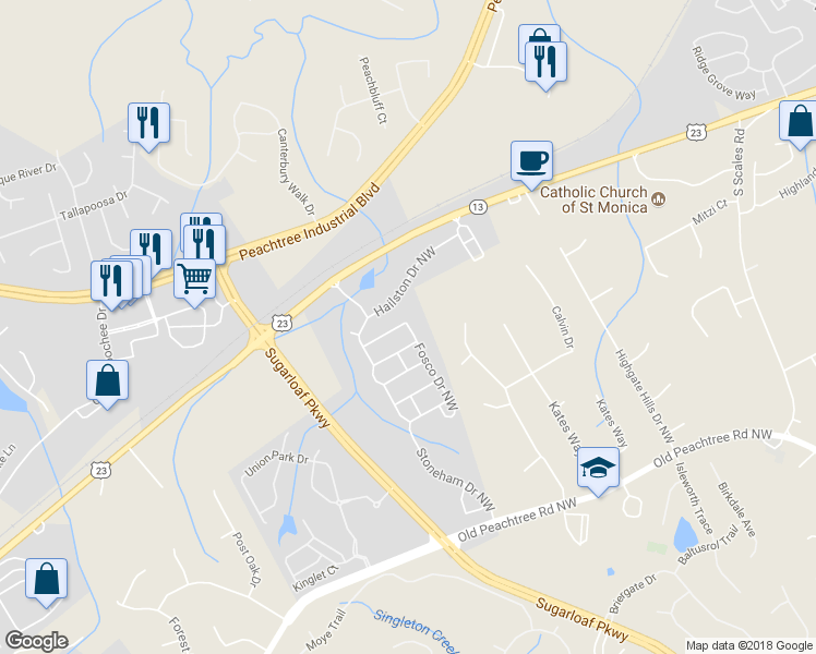 map of restaurants, bars, coffee shops, grocery stores, and more near 2055 Fosco Drive Northwest in Duluth