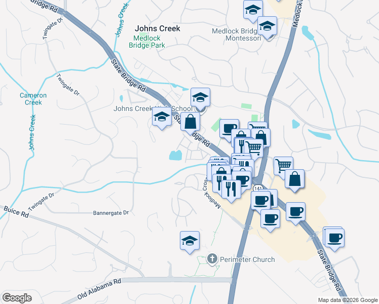 map of restaurants, bars, coffee shops, grocery stores, and more near 9805 Preswicke Point in Alpharetta