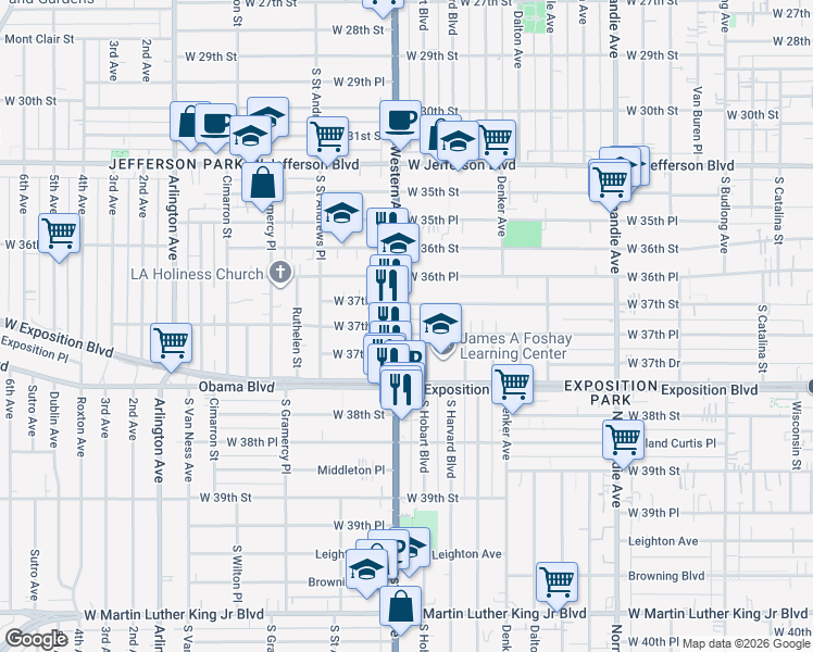 map of restaurants, bars, coffee shops, grocery stores, and more near 3720 South Western Avenue in Los Angeles
