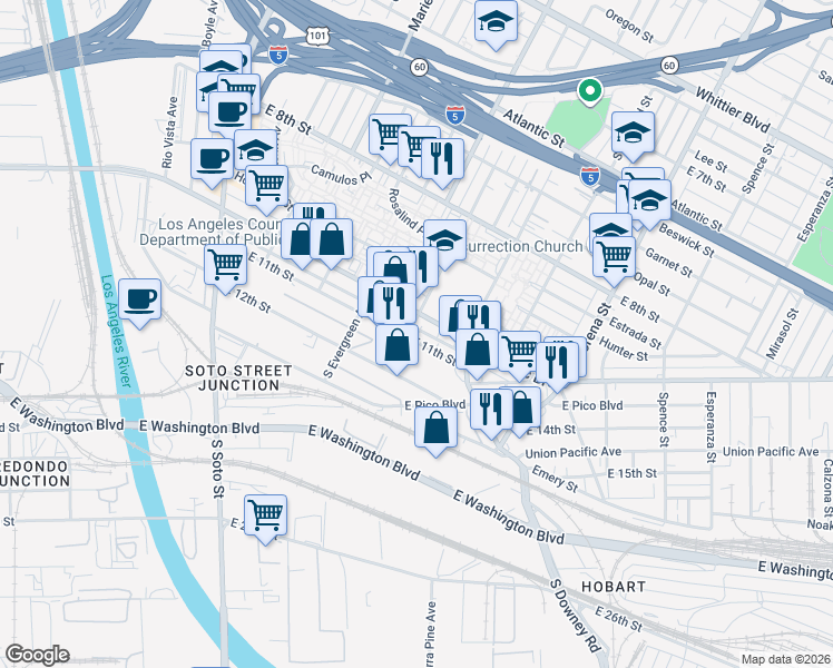 map of restaurants, bars, coffee shops, grocery stores, and more near 3109 East 11th Street in Los Angeles