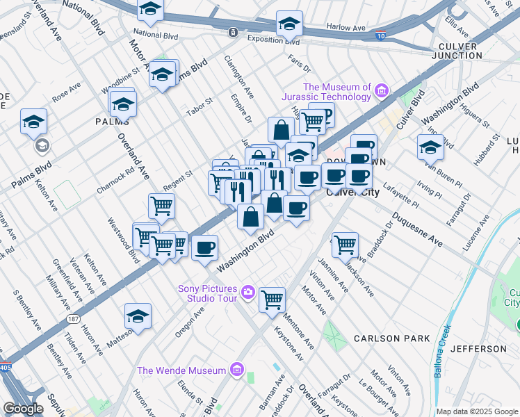 map of restaurants, bars, coffee shops, grocery stores, and more near 3828 Goldwyn Terrace in Culver City