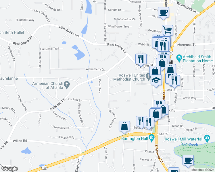 map of restaurants, bars, coffee shops, grocery stores, and more near 145 Roswell Farms Drive in Roswell