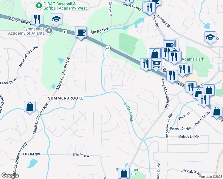 map of restaurants, bars, coffee shops, grocery stores, and more near 22 Pine Valley Trail Northwest in Kennesaw