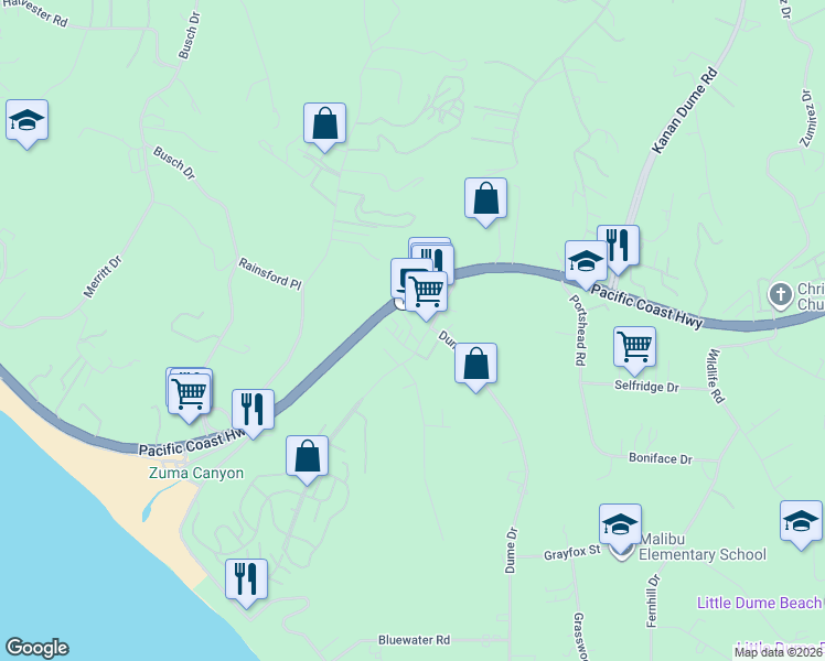 map of restaurants, bars, coffee shops, grocery stores, and more near 29221 Heathercliff Road in Malibu