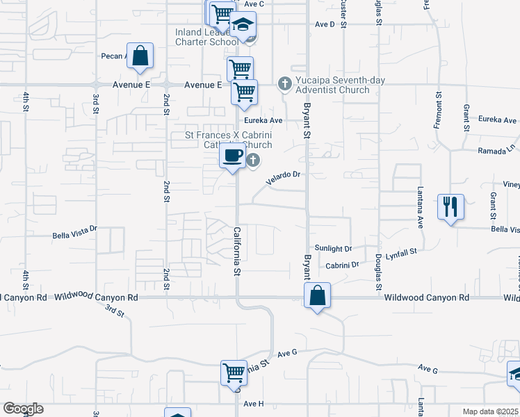 map of restaurants, bars, coffee shops, grocery stores, and more near 35163 Mountain View Street in Yucaipa
