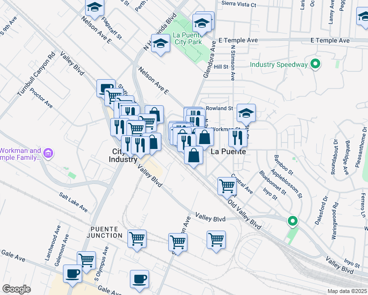 map of restaurants, bars, coffee shops, grocery stores, and more near 15800 Old Valley Boulevard in La Puente