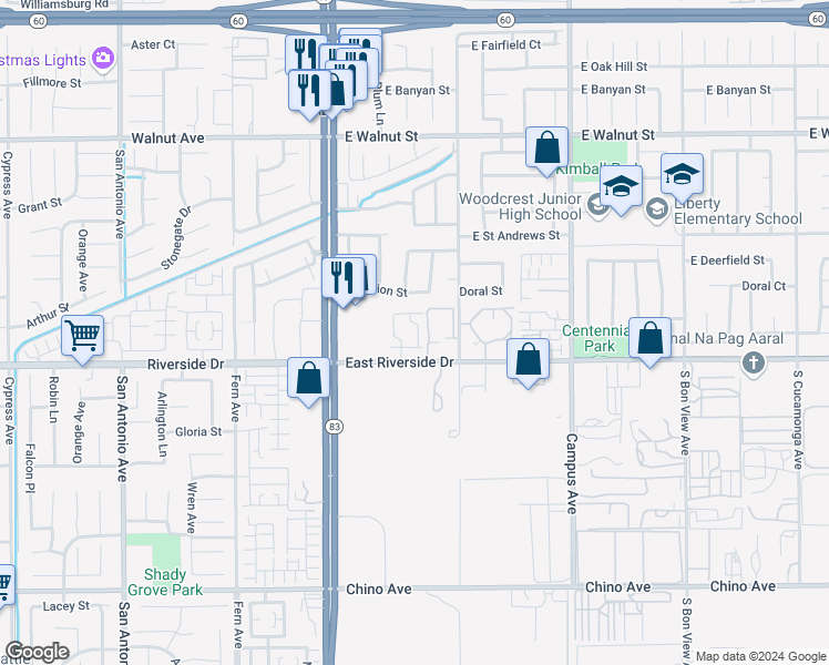 map of restaurants, bars, coffee shops, grocery stores, and more near 2936 Cherry Way in Ontario