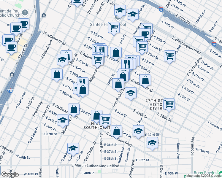 map of restaurants, bars, coffee shops, grocery stores, and more near 618 East 28th Street in Los Angeles