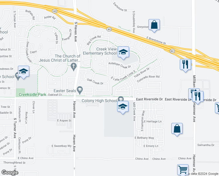map of restaurants, bars, coffee shops, grocery stores, and more near 2914 Big Creek Lane in Ontario