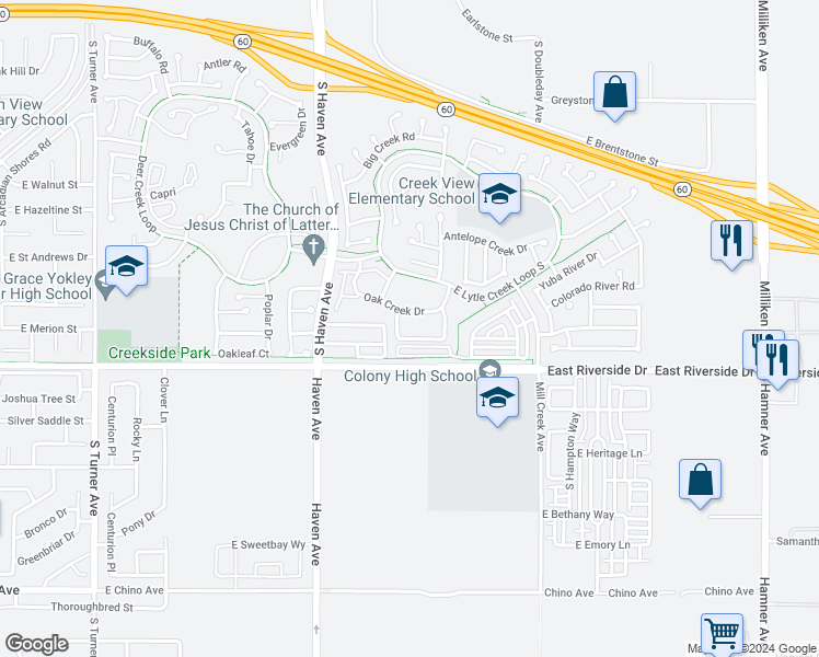 map of restaurants, bars, coffee shops, grocery stores, and more near 3669A Country Oaks Loop in Ontario