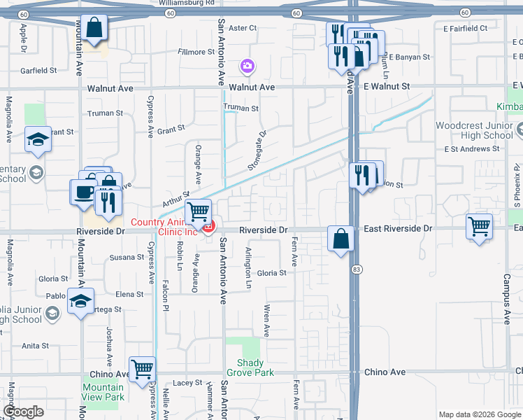 map of restaurants, bars, coffee shops, grocery stores, and more near 6783 Bradford Court in Chino
