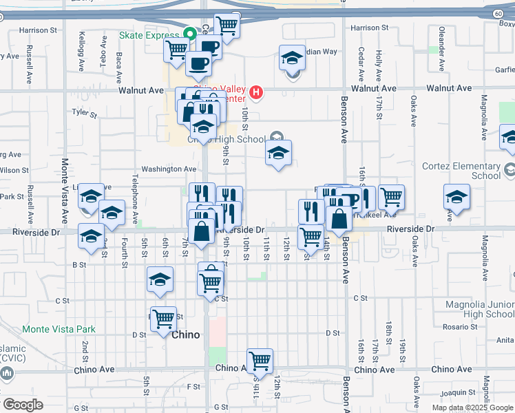 map of restaurants, bars, coffee shops, grocery stores, and more near 11 Th Street in Chino
