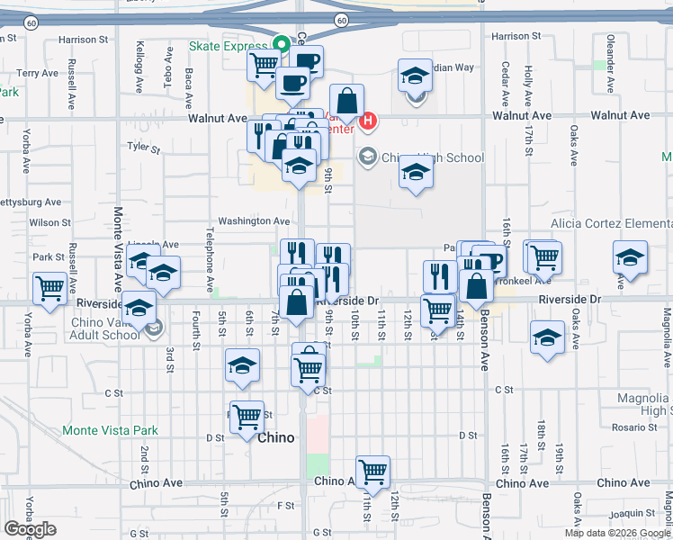 map of restaurants, bars, coffee shops, grocery stores, and more near 12850 10th Street in Chino