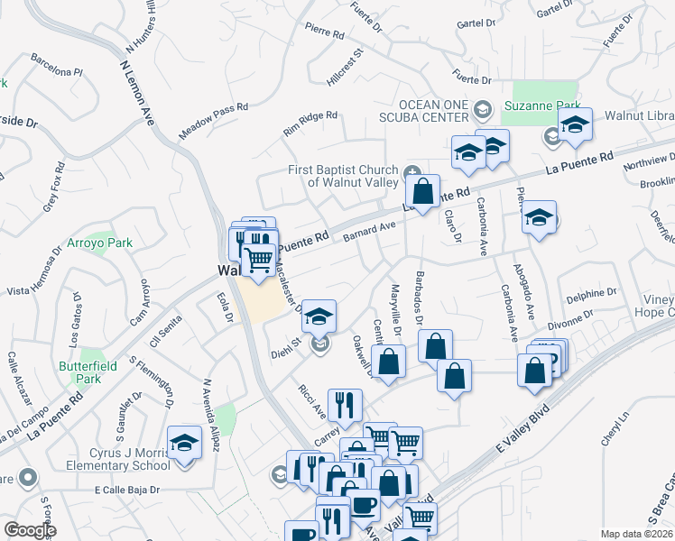 map of restaurants, bars, coffee shops, grocery stores, and more near 20315 Via Thomas Drive in Walnut