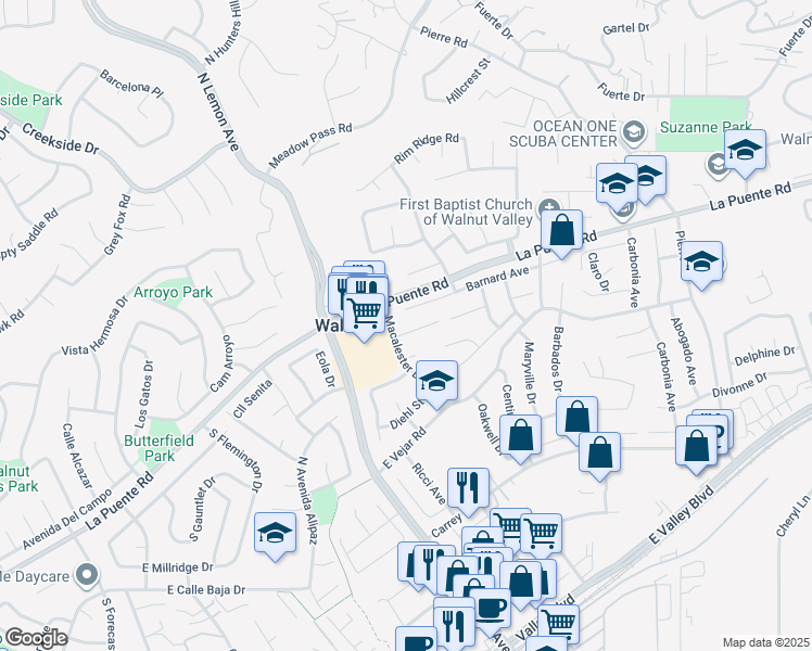 map of restaurants, bars, coffee shops, grocery stores, and more near 20162 Mckay Drive in Walnut