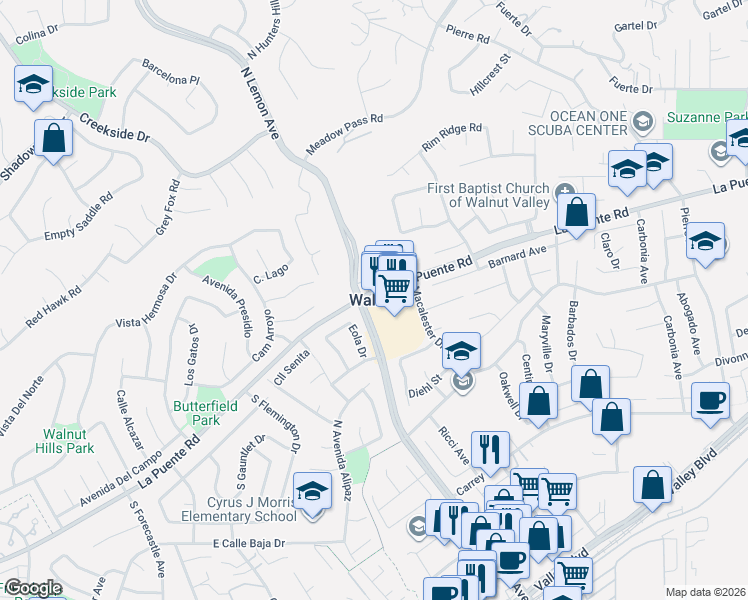 map of restaurants, bars, coffee shops, grocery stores, and more near in Walnut