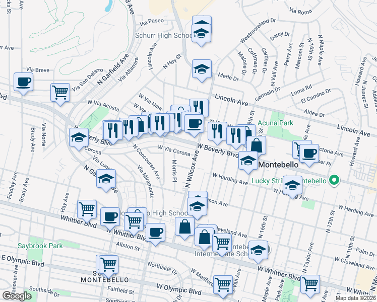 map of restaurants, bars, coffee shops, grocery stores, and more near 417 North Wilcox Avenue in Montebello