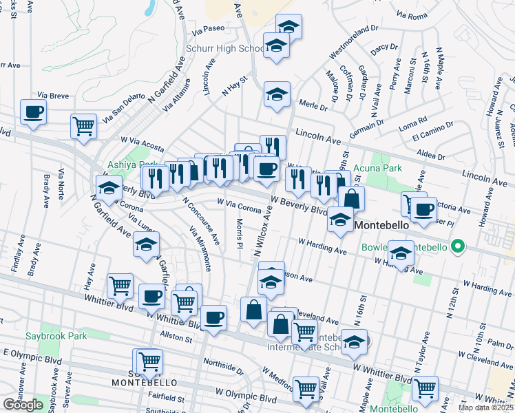 map of restaurants, bars, coffee shops, grocery stores, and more near 417 North Wilcox Avenue in Montebello