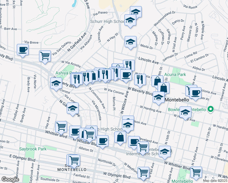 map of restaurants, bars, coffee shops, grocery stores, and more near 413 Morris Place in Montebello