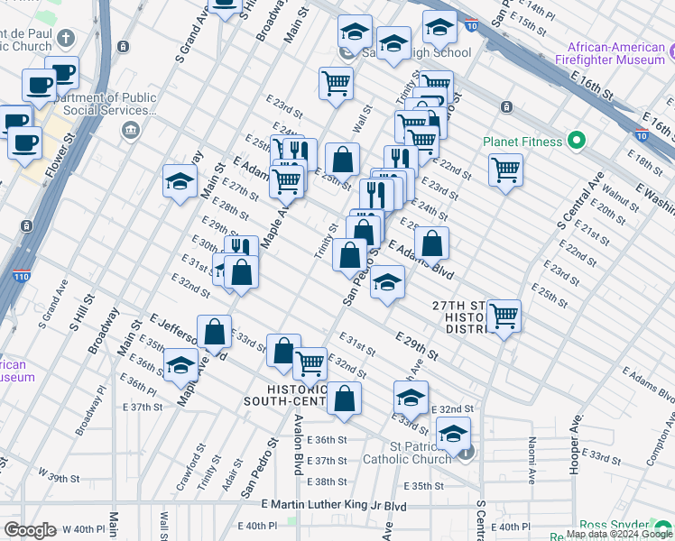 map of restaurants, bars, coffee shops, grocery stores, and more near 640 East 28th Street in Los Angeles