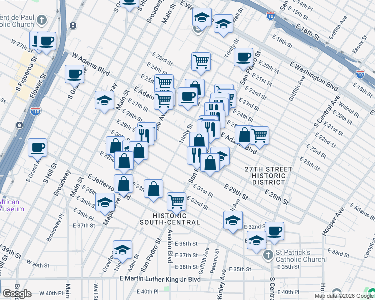 map of restaurants, bars, coffee shops, grocery stores, and more near 2818 Trinity Street in Los Angeles