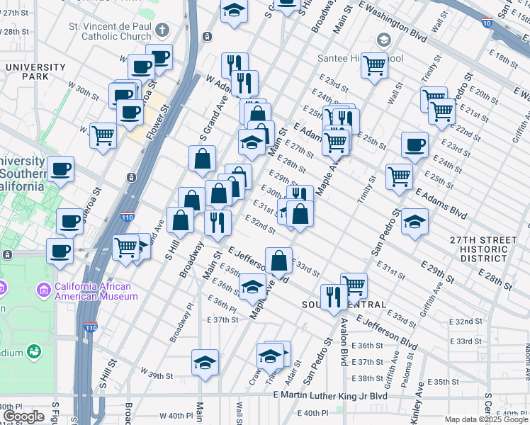 map of restaurants, bars, coffee shops, grocery stores, and more near 125 East 32nd Street in Los Angeles