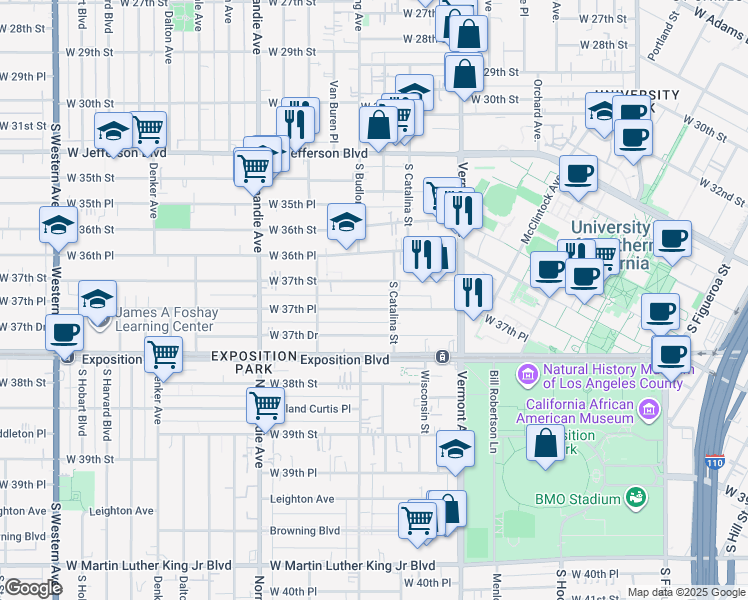 map of restaurants, bars, coffee shops, grocery stores, and more near 1248 1/2 West 37th Place in Los Angeles