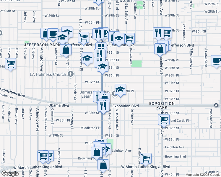 map of restaurants, bars, coffee shops, grocery stores, and more near 1653 West 37th Place in Los Angeles