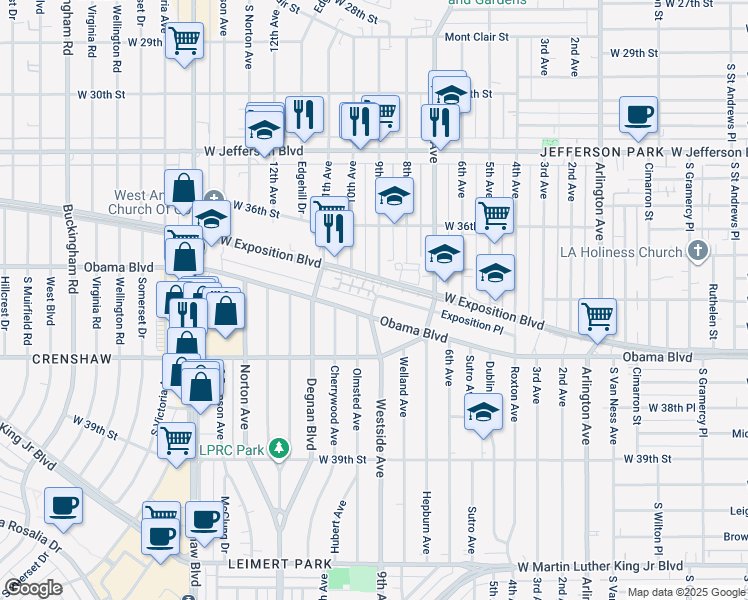 map of restaurants, bars, coffee shops, grocery stores, and more near 2901 Obama Boulevard in Los Angeles