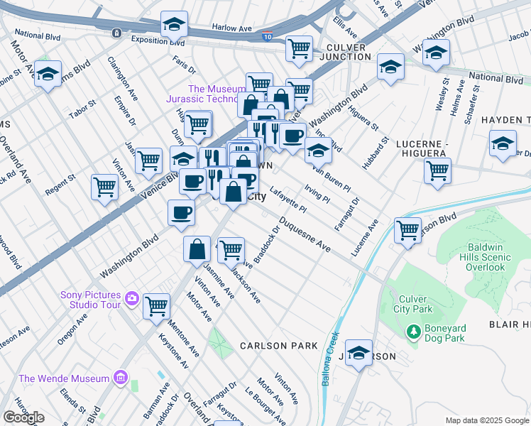 map of restaurants, bars, coffee shops, grocery stores, and more near 4059 Duquesne Avenue in Culver City