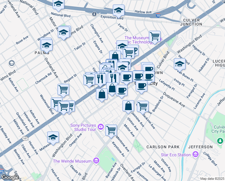 map of restaurants, bars, coffee shops, grocery stores, and more near 10201 Washington Boulevard in Culver City