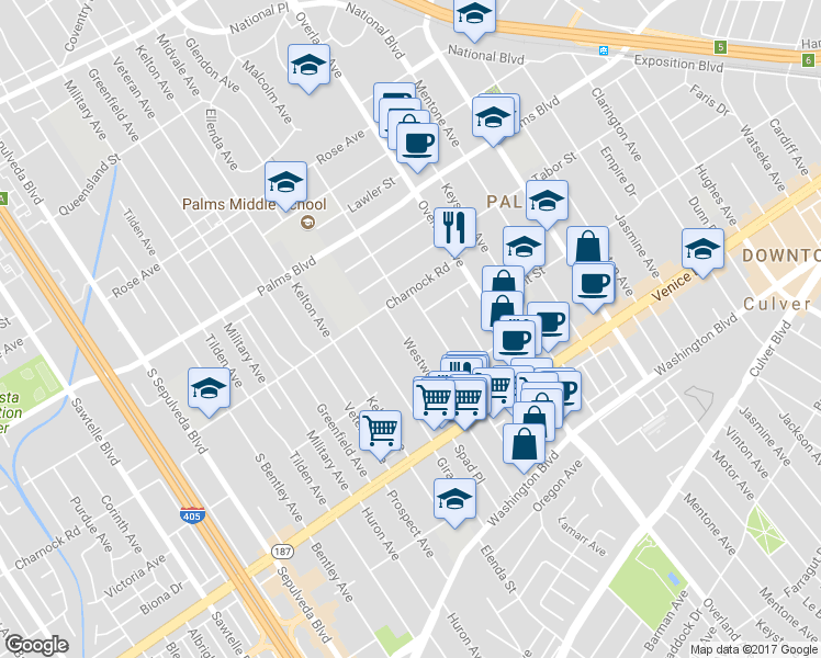 map of restaurants, bars, coffee shops, grocery stores, and more near 3652 Westwood Boulevard in Los Angeles