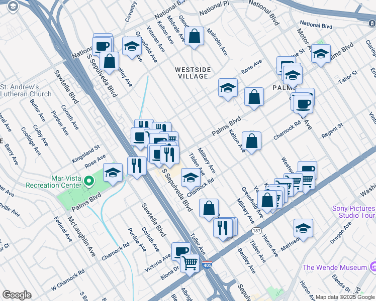 map of restaurants, bars, coffee shops, grocery stores, and more near 3506 Palms Boulevard in Los Angeles