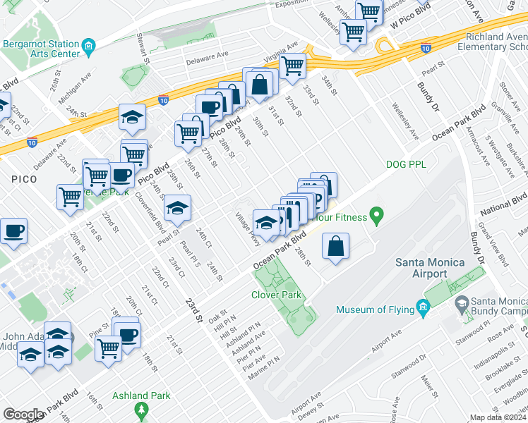 map of restaurants, bars, coffee shops, grocery stores, and more near 17 Village Parkway in Santa Monica