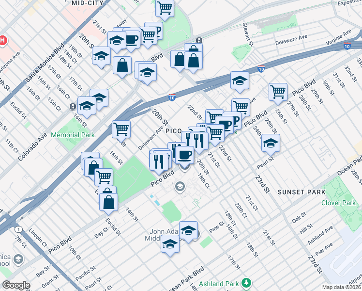 map of restaurants, bars, coffee shops, grocery stores, and more near 1957 19th Street in Santa Monica