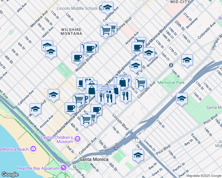 map of restaurants, bars, coffee shops, grocery stores, and more near 1423 9th Street in Santa Monica