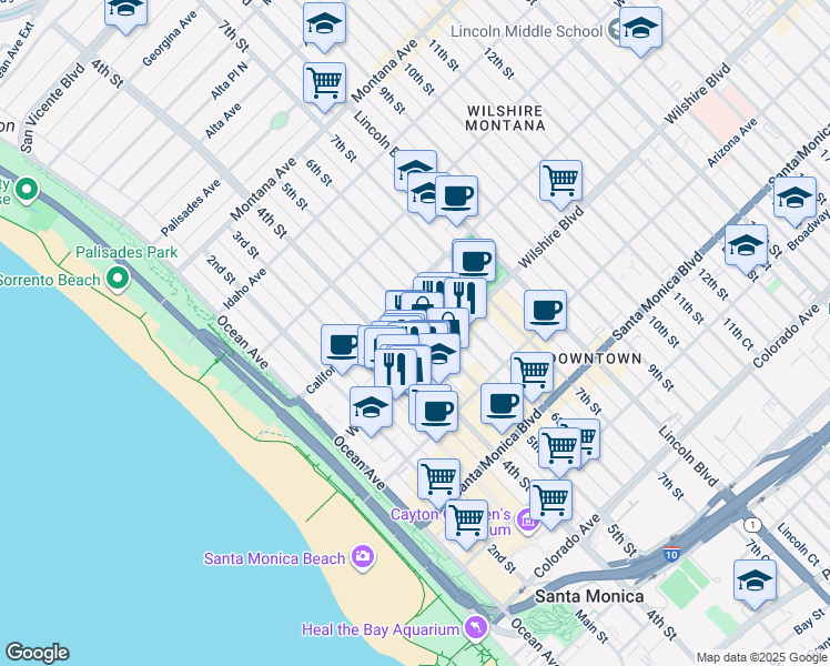 map of restaurants, bars, coffee shops, grocery stores, and more near 401 Wilshire Boulevard in Santa Monica