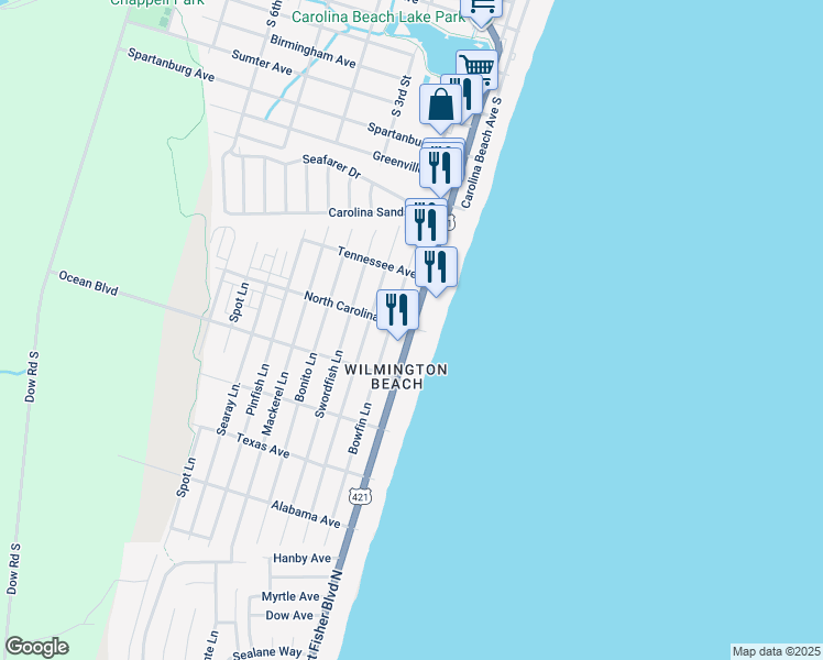 map of restaurants, bars, coffee shops, grocery stores, and more near 1304 South Lake Park Boulevard in Carolina Beach