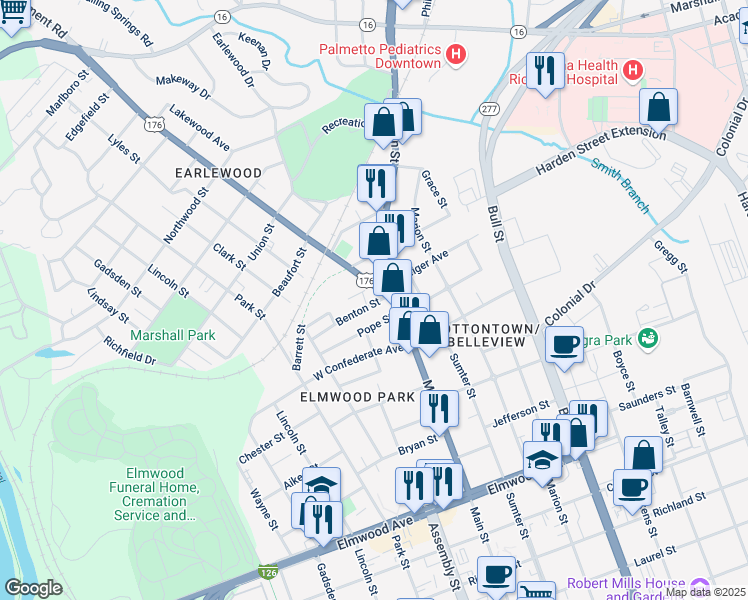 map of restaurants, bars, coffee shops, grocery stores, and more near 1121 Benton Street in Columbia