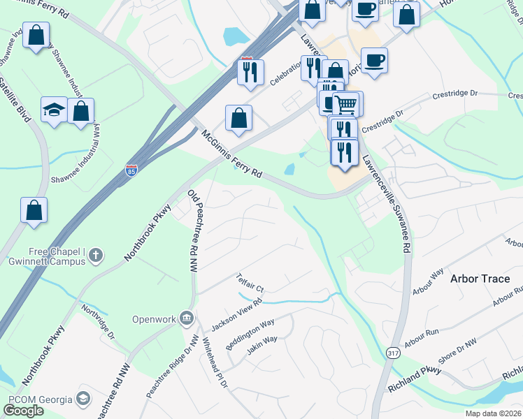 map of restaurants, bars, coffee shops, grocery stores, and more near 440 Manor Glen Drive in Suwanee