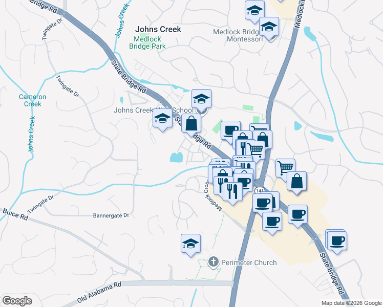 map of restaurants, bars, coffee shops, grocery stores, and more near 9805 Preswicke Point in Alpharetta